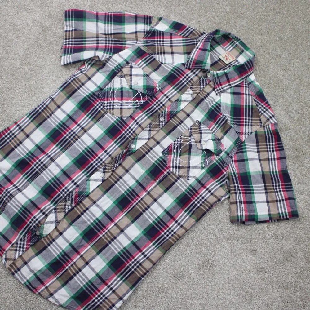True Religion Pearl Snap Shirt Mens 2XL XXL Red/White/Green/Gray S/S 100% Cotton